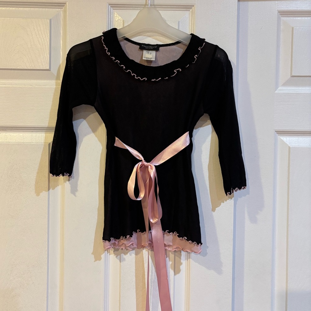 Vintage Y2K Rinascimento Black Sheer Top with Pink Trim